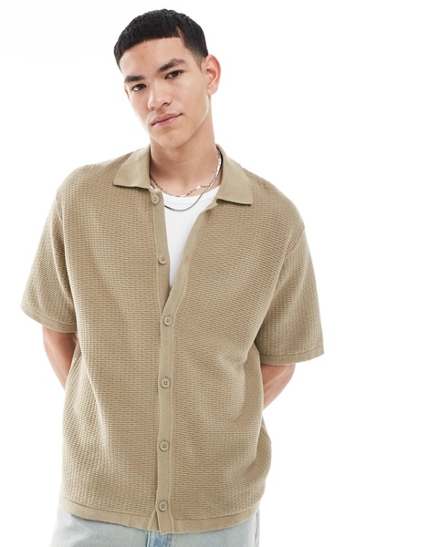 Bershka button through knitted shirt in brown