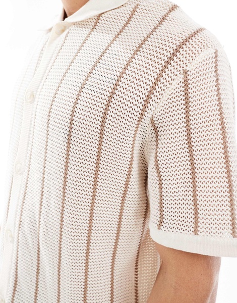 Bershka knitted button through stripe shirt in ecru