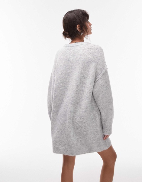 Topshop knitted oversized crew mini dress with exposed seam detail in ice gray