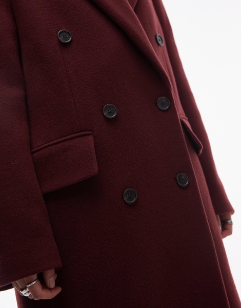 ARKET wool blend double breasted maxi coat in dark burgundy