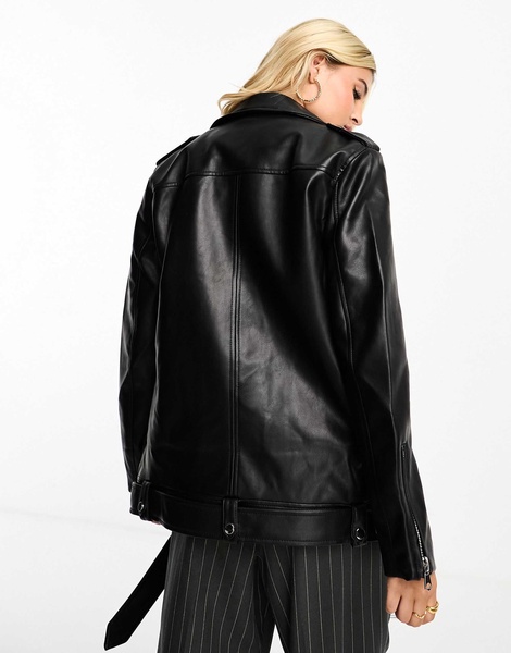 Stradivarius oversized faux leather biker jacket in black