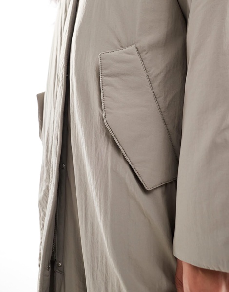ASOS DESIGN clean longline puffer coat with hood in sage