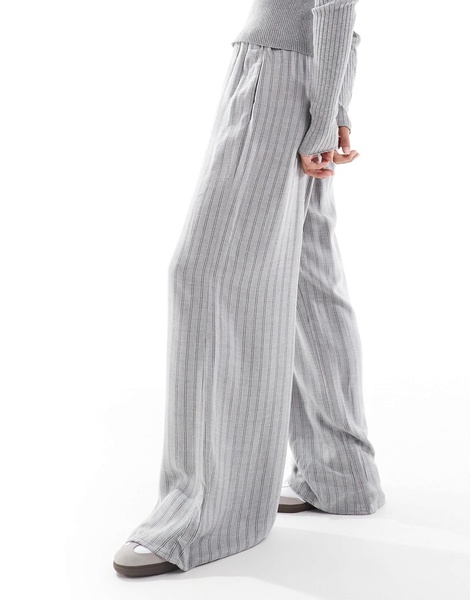 Bershka Petite drawstring waist wide leg pants in gray