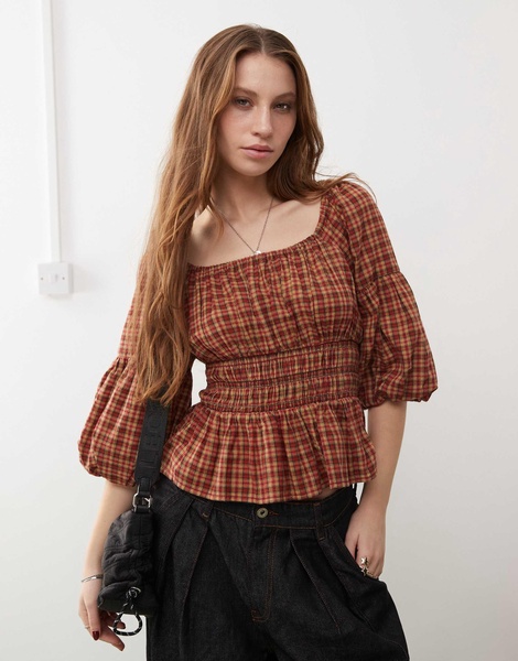 COLLUSION bubble sleeve smock top in red check