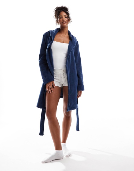 ASOS DESIGN microfleece mini robe in blue with contrast binding