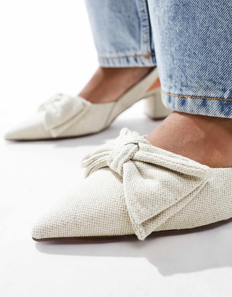 ASOS DESIGN Wide Fit Symphony bow slingback mid block heeled shoes in natural fabrication