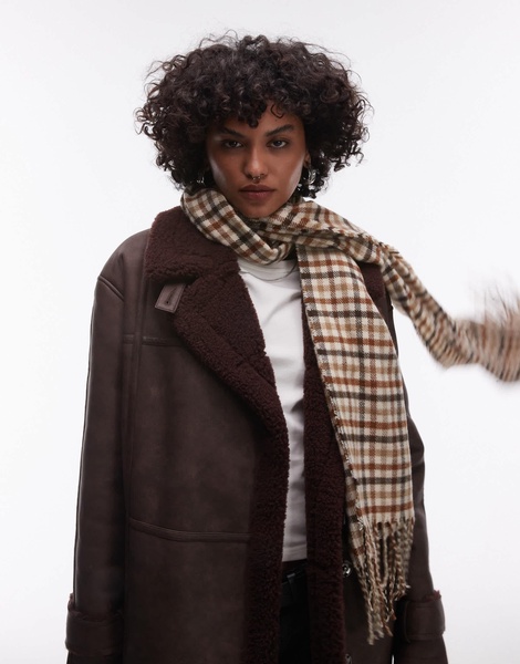 Topshop faux leather shearling long aviator jacket in burgundy