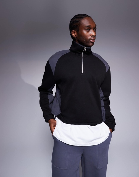 ASOS DESIGN oversized dropped shoulder boxy funnel neck sweatshirt in with nylon panels in black