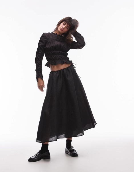 Topshop shirred long sleeve top in black