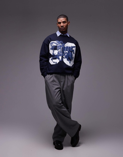 Topman oversized fit sweatshirt with Pegasus textured print in navy