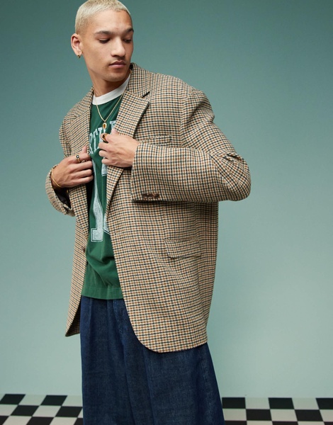 ASOS DESIGN slouchy oversized suit jacket in brown dogtooth plaid