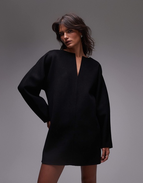 ARKET wool blend double layer mini dress with notch neckline detail in black