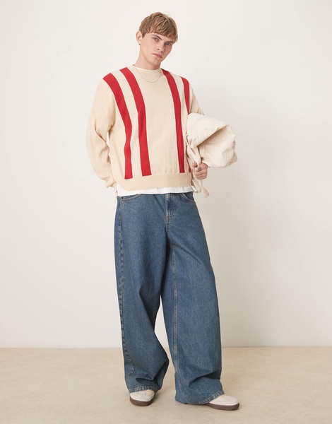 ASOS DESIGN oversized boxy fit knitted crew neck sweater with stripe pattern in beige