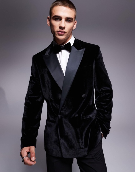 ASOS DESIGN slim double breasted tuxedo jacket in black velvet