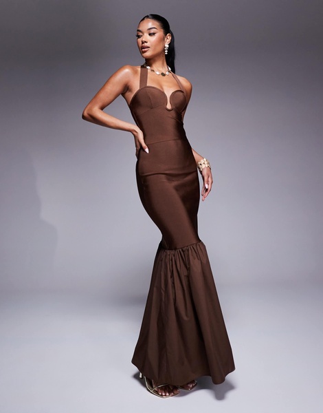ASOS DESIGN scoop detail halter neck bandage top in chocolate - part of a set