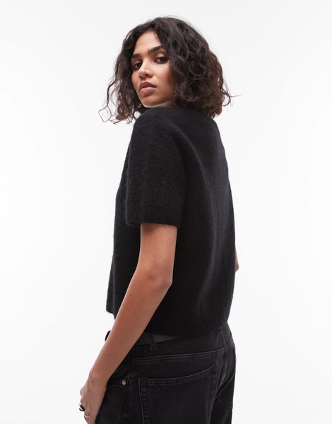 ARKET soft touch fluffy cardigan with short sleeves in black