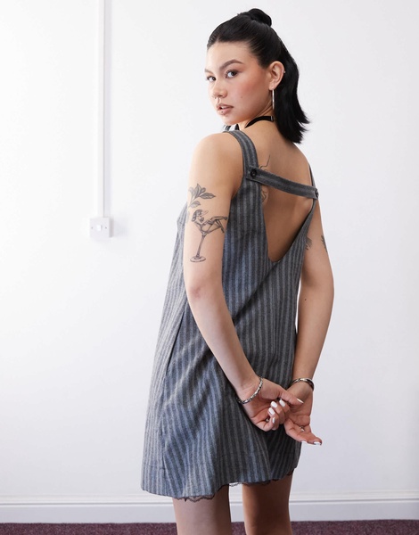 Reclaimed Vintage tailored trapeze pinafore dress with lace trim
