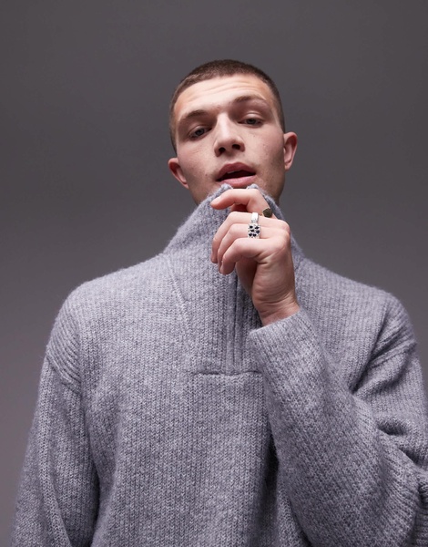 Topman oversized quarter zip sweater in gray heather