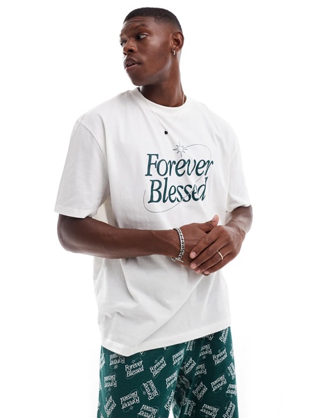 ASOS DESIGN pajama set with Forever Blessed graphics in dark green