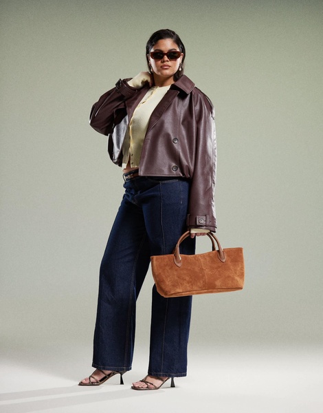 ASOS DESIGN Curve leather look bomber trench coat in chocolate