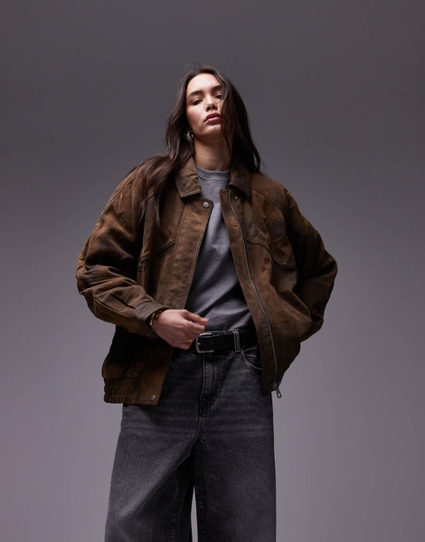 Topshop Premium real leather oversized bomber jacket in stone