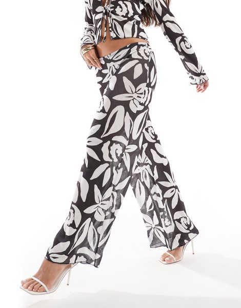 ASOS DESIGN textured mesh wide leg pants in black and white oversized floral - part of a set