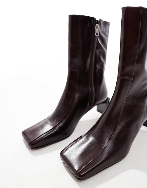 ASOS DESIGN Raine premium square toe mid-heel boots in burgundy leather
