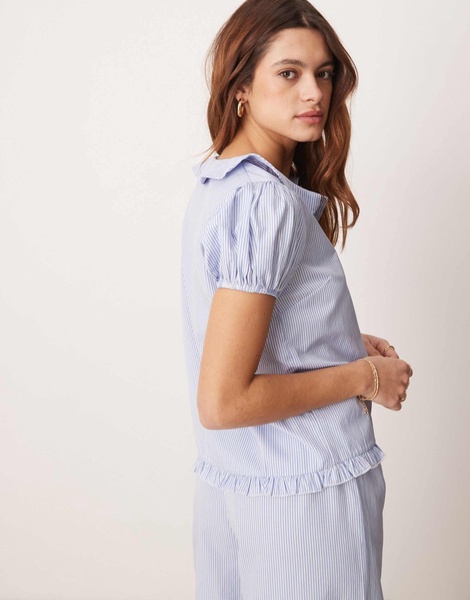 ASOS DESIGN lounge peter pan collar pajama blouse in blue stripe - part of a set