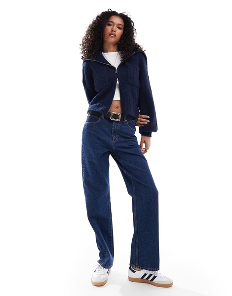 ASOS DESIGN zip up cardigan with pocket and collar detail in navy