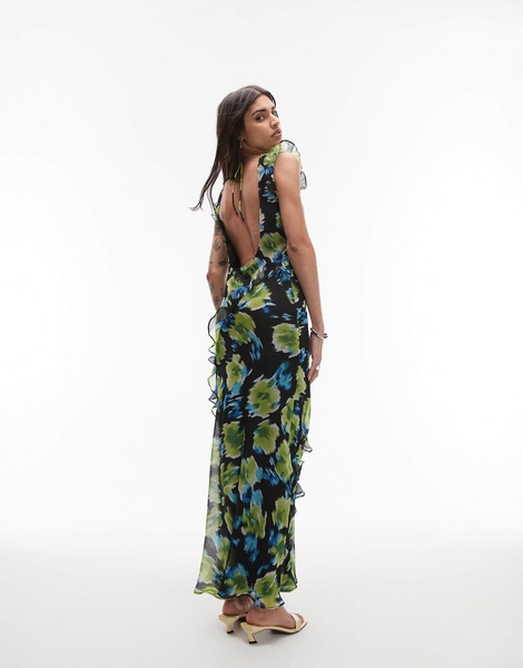 Topshop high neck open back frill maxi dress in blurred blue floral