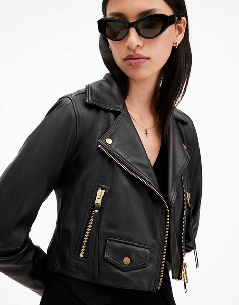 AllSaints Elora cropped leather moto jacket in black