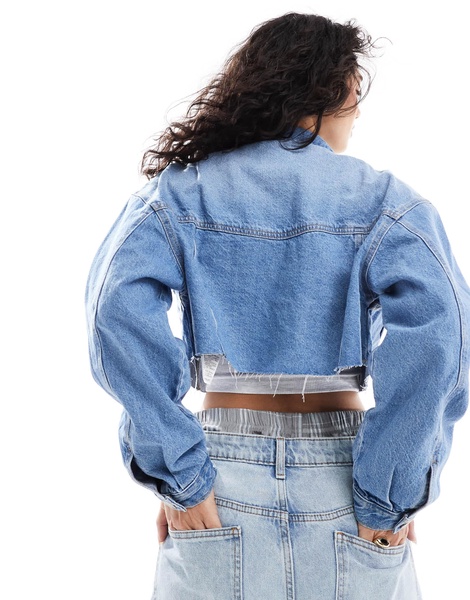 Bershka cropped denim jacket in mid blue