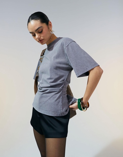 ASOS DESIGN corset waist t-shirt in washed gray