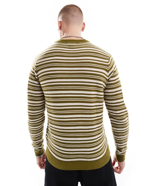 Another Influence striped round neck sweater in khaki