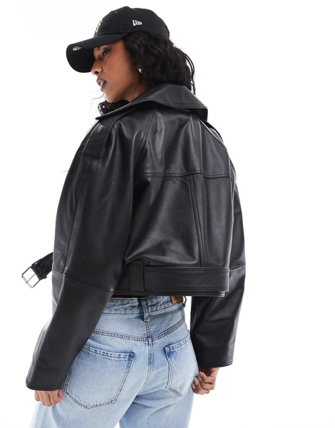 ASOS DESIGN leather oversized cropped trench coat in black
