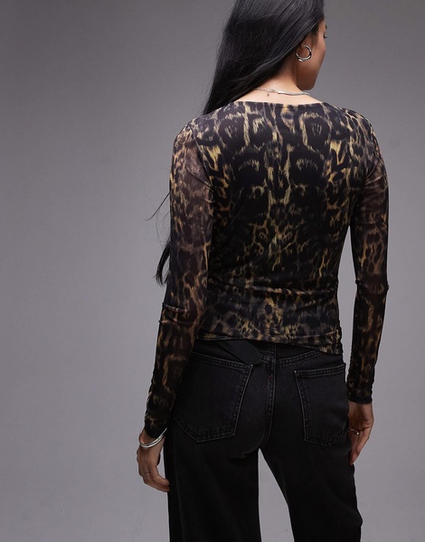 AllSaints Edana mesh long sleeve t-shirt in leopard print