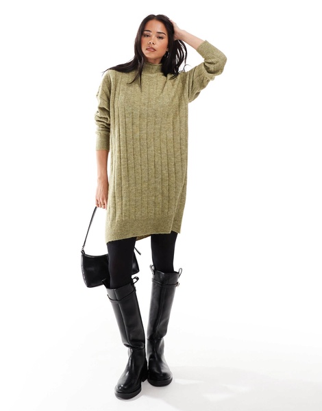 Vero Moda oversized ribbed knit mini dress in green melange