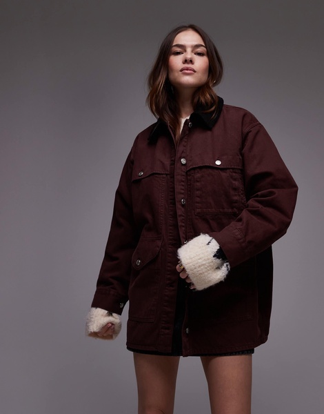 Topshop denim trucker jacket with contrast corduroy collar in burgundy