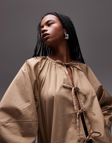 ARKET oversized blouse with bow front detail in dark beige