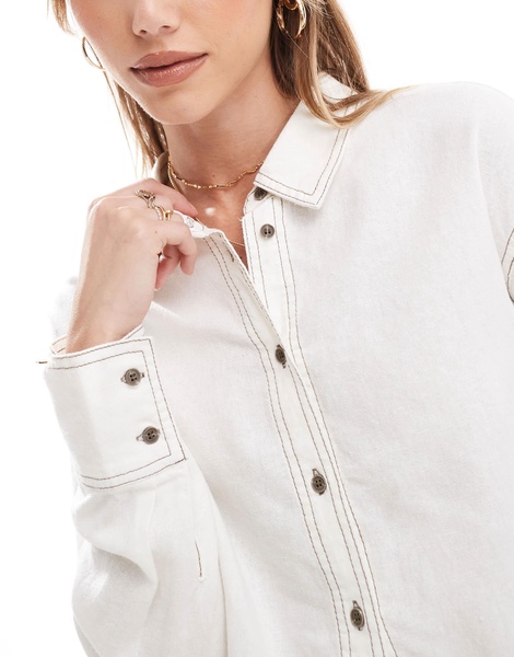ONLY linen blend cropped shirt with contrast stitch in white - part of a set