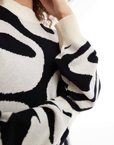 Monki oversized knit jacquard mini dress in black and white swirl pattern