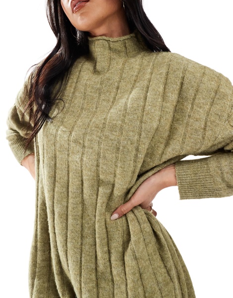 Vero Moda oversized ribbed knit mini dress in green melange