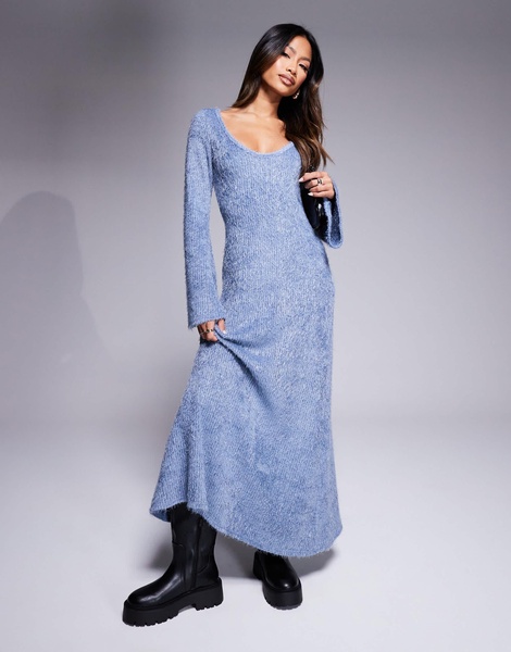 ASOS DESIGN supersoft fluffy scoop angel sleeve midi dress in blue