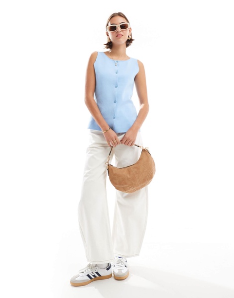 ASOS DESIGN knit extreme slash neck button up tank top in blue