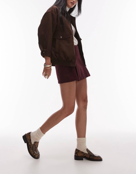 Topshop denim box pleat mini skirt in burgundy