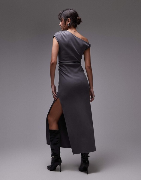 Topshop jersey twisted shoulder maxi dress in charcoal