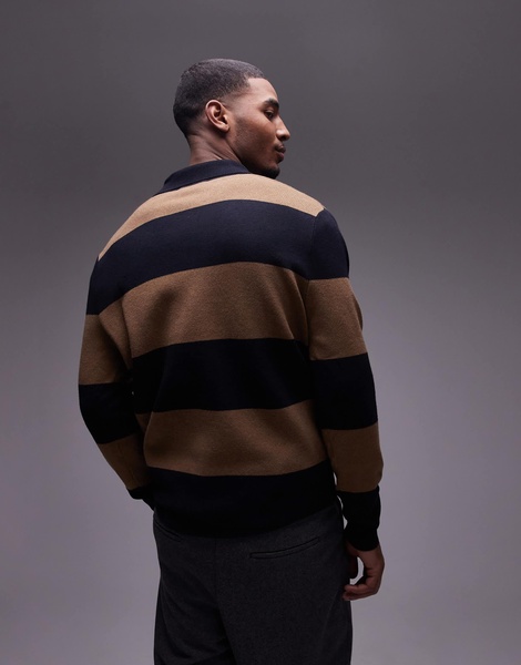Mango rugby polo shirt in brown & navy stripe