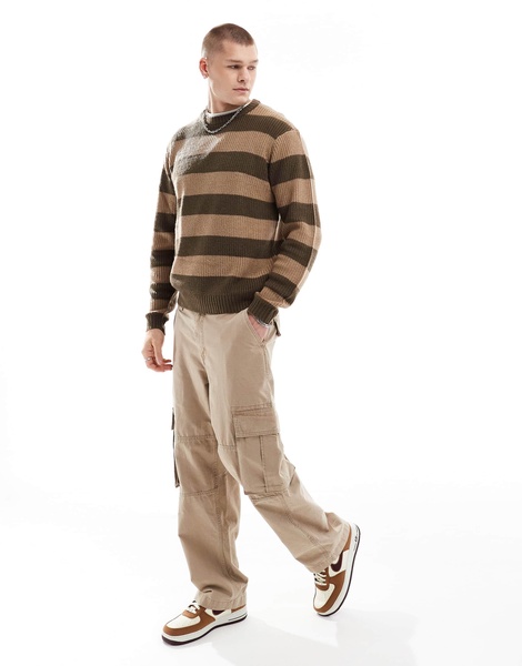 Another Influence chunky striped round neck sweater in brown