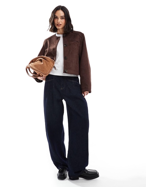 ASOS DESIGN collarless faux suede jacket in chocolate