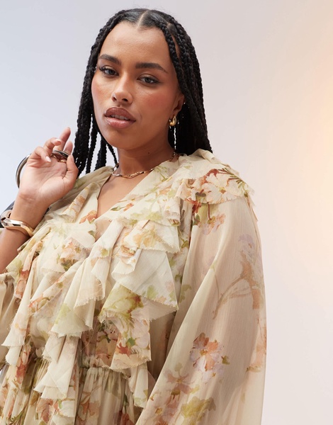 ASOS EDITION Curve chiffon raw edge ruffle maxi dress with drawstring waist in cream floral print